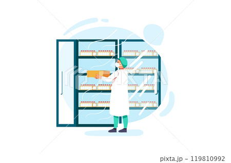 Medial staff distributing vaccine tray inside the freezer 119810992