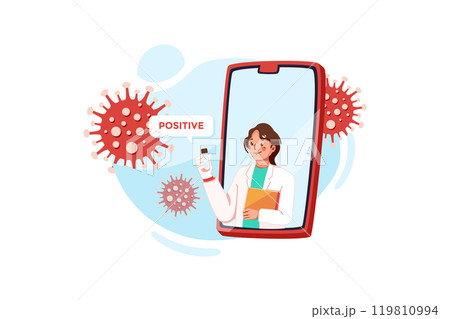 Doctor epidemiologist on mobile screen holding blood sample test 119810994