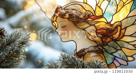美しい天使のステンドグラスとクリスマスツリー AI画像のイラスト素材