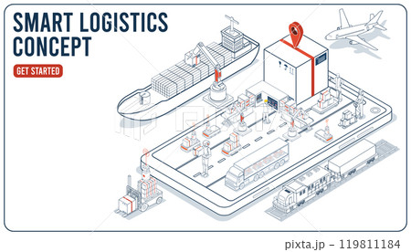 Smart logistics combines warehouse management and IoT transportation to optimize supply chain operations concept. Vector illustration eps10 Smart logistics combines warehouse management and IoT transportation to optimize supply chain operations concept. Vector illustration eps10 119811184