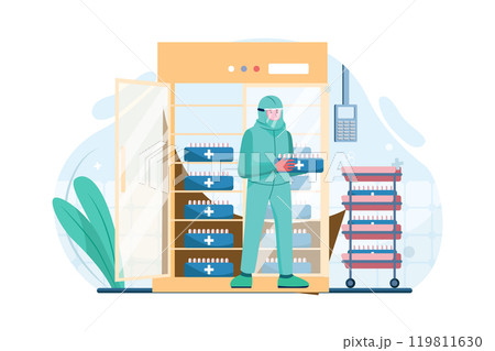 Medial staff distributing covid-19 vaccine tray inside the freezer Medial staff distributing covid-19 vaccine tray inside the freezer 119811630