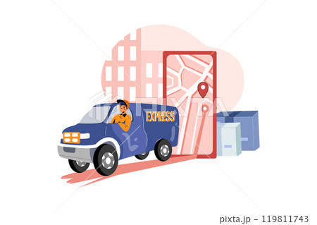 Delivery Person following address route in maps in smartphone for delivering the parcel 119811743