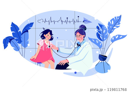 Female pediatrician carrying out the auscultation of a little girl with stethoscope Female pediatrician carrying out the auscultation of a little girl with stethoscope 119811768