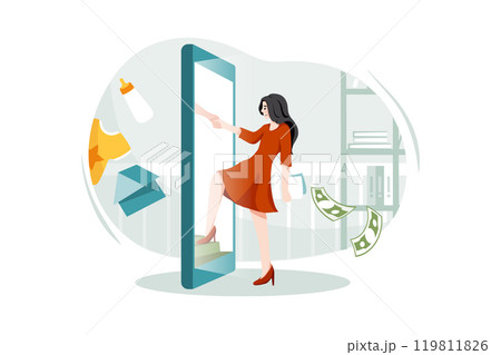 The woman is dragged into the smartphone by one hand The woman is dragged into the smartphone by one hand 119811826