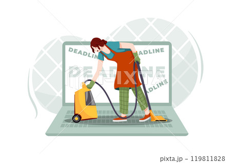 A woman doing housework on a big laptop 119811828