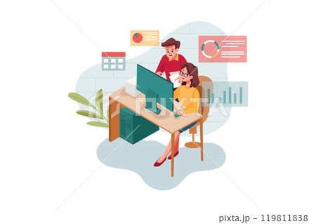 Male and female employees doing online marketing 119811838