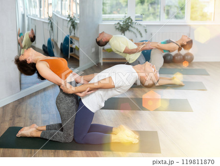 Group of people practicing various partner yoga positions during training in fitness studio 119811870