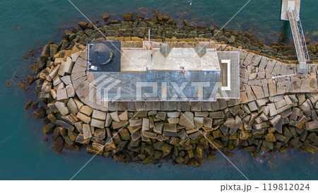 Direct overhead view of Rockland Breakwater Lighthouse in harbor on the Gulf of Maine  119812024