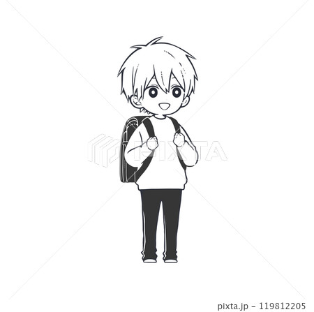 黒色のランドセルを背負った小学生の男の子 モノクロイラスト 黒色のランドセルを背負った小学生の男の子 モノクロイラスト 119812205