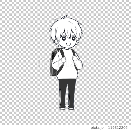 黒色のランドセルを背負った小学生の男の子 モノクロイラスト 黒色のランドセルを背負った小学生の男の子 モノクロイラスト 119812205