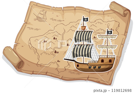 Pirate Ship on Treasure Map Pirate Ship on Treasure Map 119812698