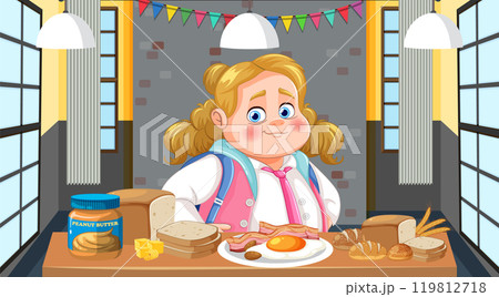 Girl Enjoying Breakfast in Kitchen Girl Enjoying Breakfast in Kitchen 119812718