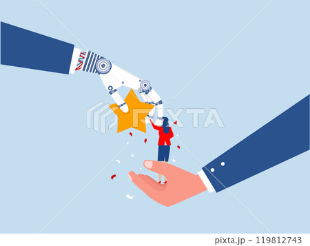 businesswoman standing on big hand getting star reward.encourage and motivate best performance with artificial intelligence ,Winning confidence Employee success recognition businesswoman standing on big hand getting star reward.encourage and motivate best performance with artificial intelligence ,Winning confidence Employee success recognition 119812743
