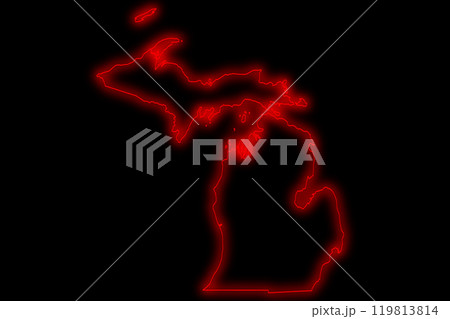 Red glowing neon map of Michigan state in black background. Michigan map glowing neon lamp or glass tube. Electric illustration 119813814