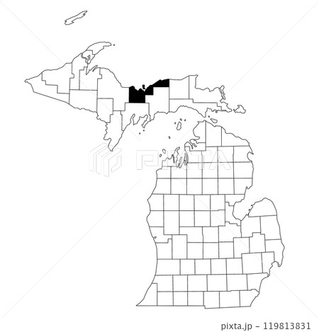 Map of Alger County in Michigan state on white background. single County map highlighted by black colour on Michigan map. UNITED STATES, US 119813831