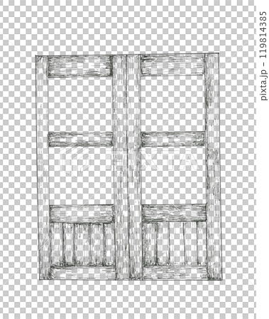 Hand drawn illustration of a wooden window frame 119814385