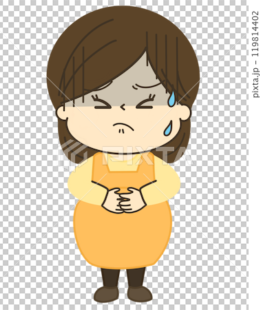 Illustration of a pregnant woman with a stomach ache and cold sweat Illustration of a pregnant woman with a stomach ache and cold sweat 119814402