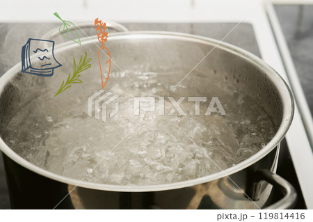 沸騰したお湯とレシピのイラストが浮かぶ鍋 沸騰したお湯とレシピのイラストが浮かぶ鍋 119814416