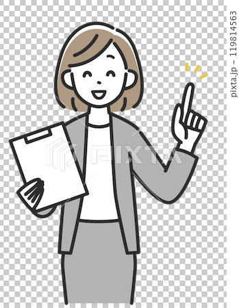 A business woman in a suit holding a binder and pointing up 119814563