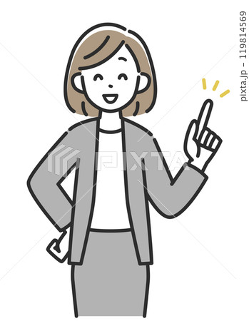 笑顔で上を指差すスーツ姿のビジネスウーマン女性 119814569