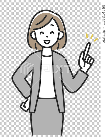 笑顔で上を指差すスーツ姿のビジネスウーマン女性 119814569