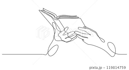 hand holding book one line drawing continuous 119814759