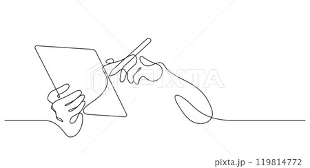 hand using tablet with digital stylus pen continuous line drawing 119814772