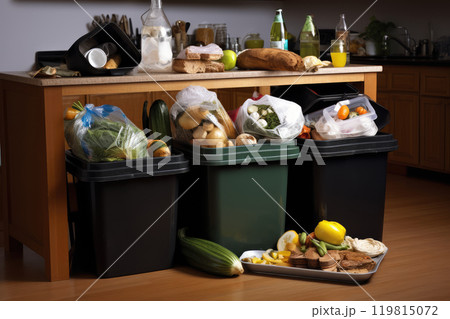 Full dumpsters separate waste, garbage containers standing on the street. Environmental, Ecology 119815072