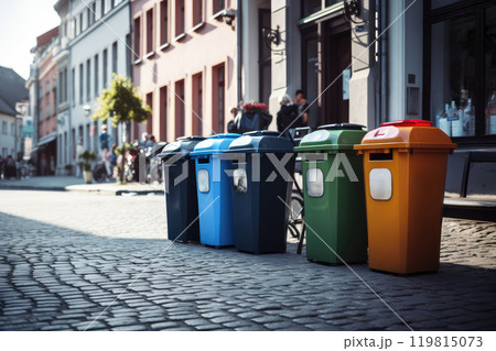 Full dumpsters separate waste, garbage containers standing on the street. Environmental, Ecology 119815073