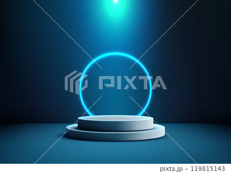 Futuristic 3D Neon Blue Ring Above White Podium, High Tech Product Showcase on Dark Background, Modern Design for Technology Displays 119815143