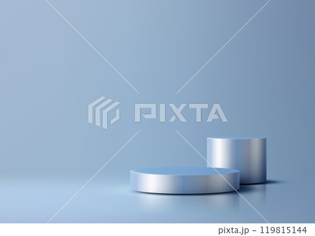 Minimal 3D Silver Cylindrical Platforms on Light Blue Background, Clean Modern Product Display for Mockup and Showcase, Sleek Design with Abstract Elegance 119815144