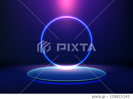 Futuristic Neon 3D Blue Podium with Glowing Circle on Dark Blue Background, Perfect for Technology Showcase, Product Display, and Mockups 119815145