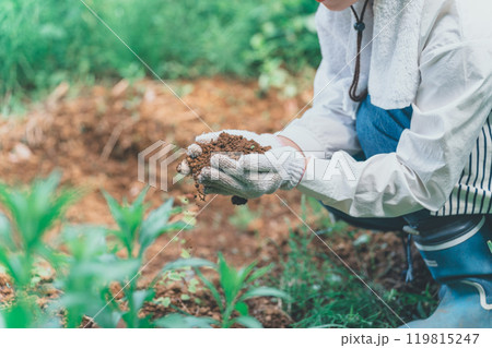 土を見る農家 119815247