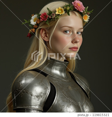 A young girl in armor and a flower crown. A young girl in armor and a flower crown. 119815321