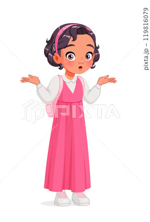 Confused Arab school girl shrugging shoulders. Cartoon vector illustration. 119816079