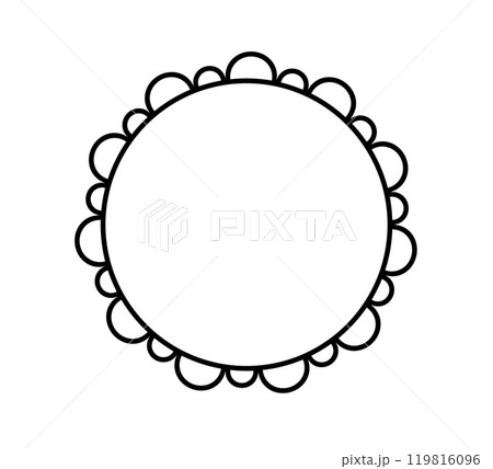 Scalloped edge circle frame. Simple round scalloped border. Fabric lace pattern frame. Repeat cute vintage frill ornament. Texture ribbon. Vector illustration isolated on white background. 119816096
