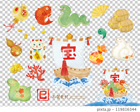 Cute hand-drawn illustration of a treasure ship for the year of the snake 119816344