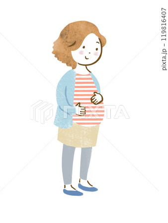 お腹に手を当てて微笑む女性の全身手描きイラスト お腹に手を当てて微笑む女性の全身手描きイラスト 119816407