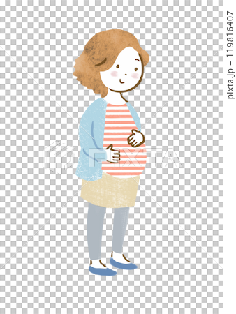 お腹に手を当てて微笑む女性の全身手描きイラスト お腹に手を当てて微笑む女性の全身手描きイラスト 119816407