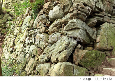 安土城の本丸跡から天主にあがる階段横の石垣 安土城の本丸跡から天主にあがる階段横の石垣 119816418