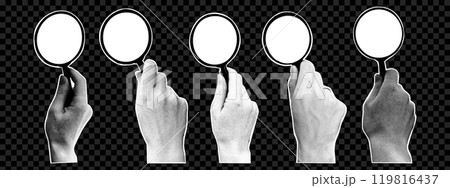 Trendy set of hands that hold a magnifying glass. Vintage halftone effect. Trendy y2k aesthetic. 119816437