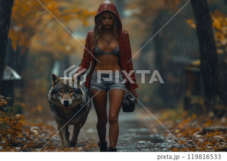 Adult sexy Little Red Riding Hood walks through dark forest to her grandmother, accompanied by big gray wolf. Adult sexy Little Red Riding Hood walks through dark forest to her grandmother, accompanied by big gray wolf. 119816533