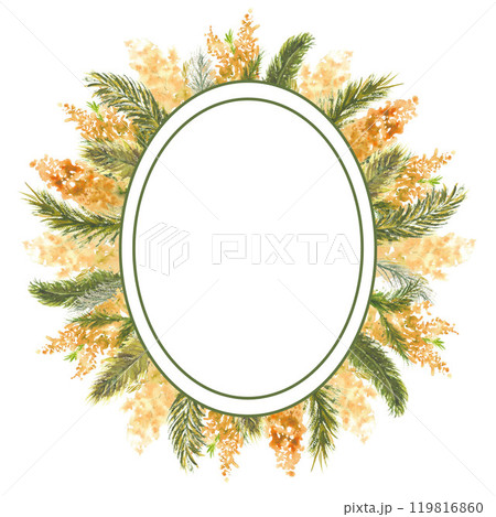Geometric oval frame with Mimosa branches on the outer edge on a white isolated background. Watercolor illustration. 119816860