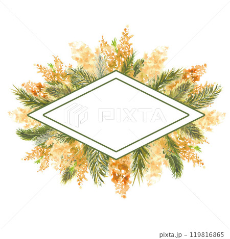 Geometric diamond-shaped frame with Mimosa branches on the outer edge on a white isolated background. Watercolor illustration. 119816865