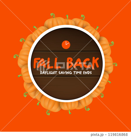 Fall Back 2024. Autumn Daylight saving time ends banner with pumpkins isolated on orange background. 119816868