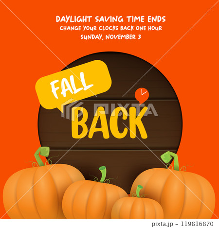 Fall Back 2024. Autumn Daylight saving time ends banner with pumpkins isolated on orange background. 119816870