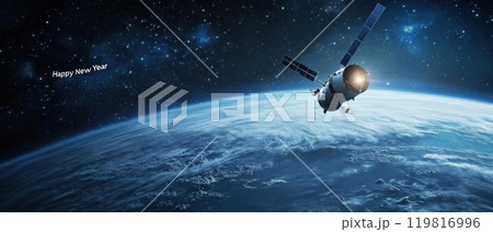 Satellite orbiting Earth with a New Year greeting 119816996