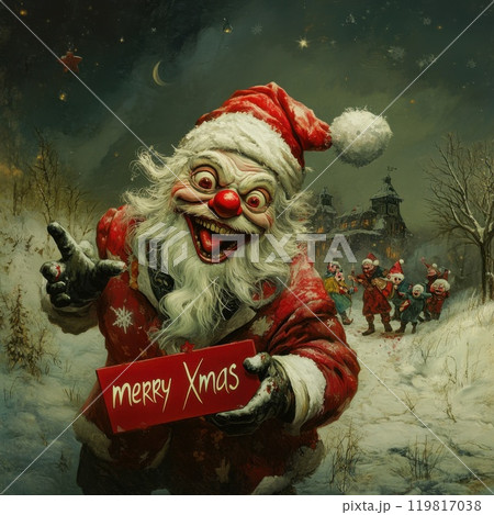 Creepy Santa arrives in snowy forest 119817038