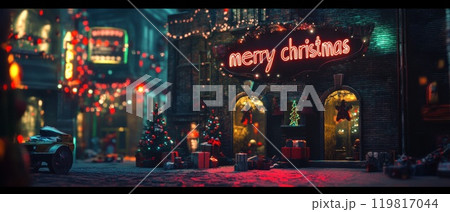 Festive holiday decorations on a street at night 119817044