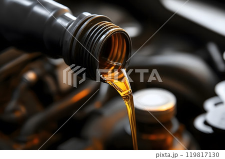 Pouring oil motor car lubricant from black bottle on engine background. Generative AI. 119817130